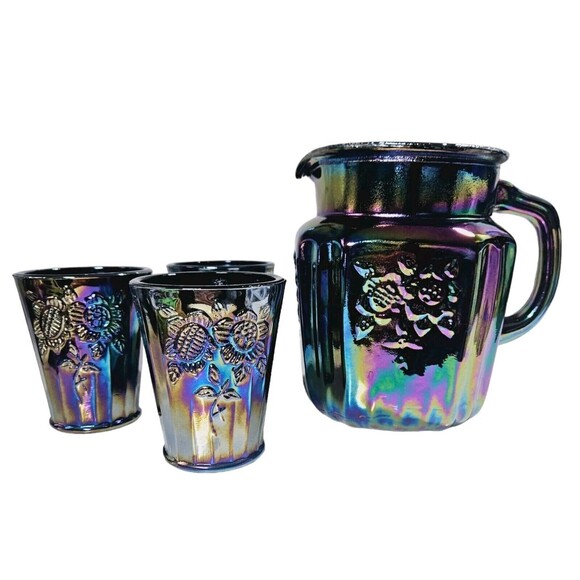 Vtg Mayfair Open Rose Pitcher Amethyst Carnival Glass & 3 Drinking Cups Set - Picture 1 of 16